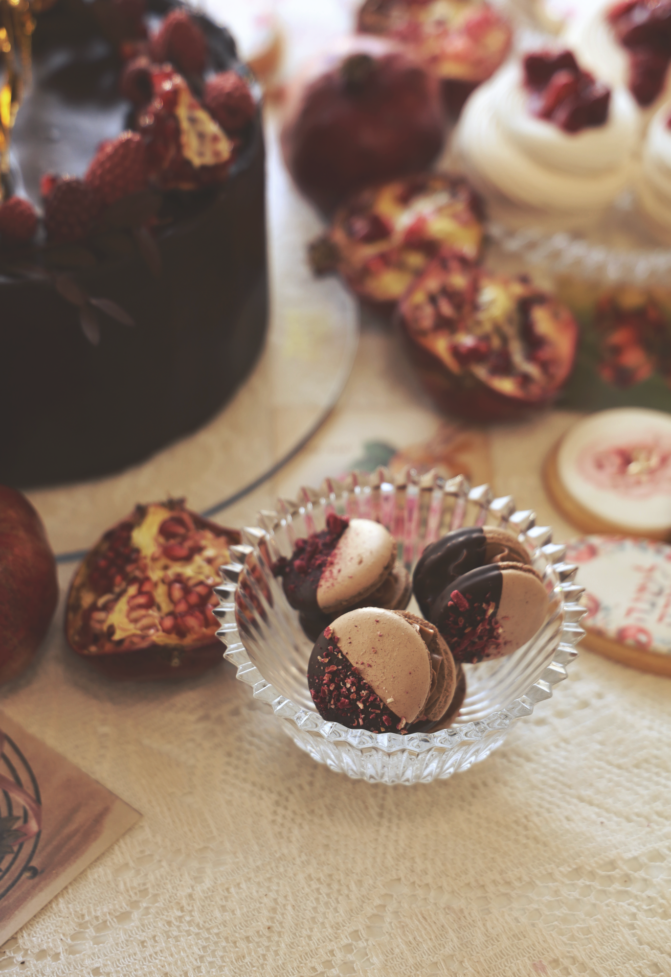 Double Chocolate Pomegranate Garnish French Macarons