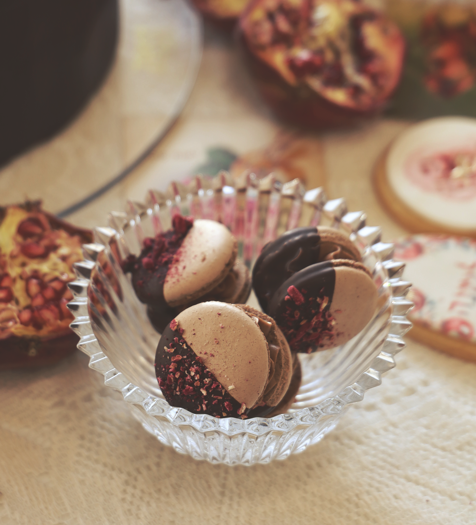 Double Chocolate Pomegranate Garnish French Macarons