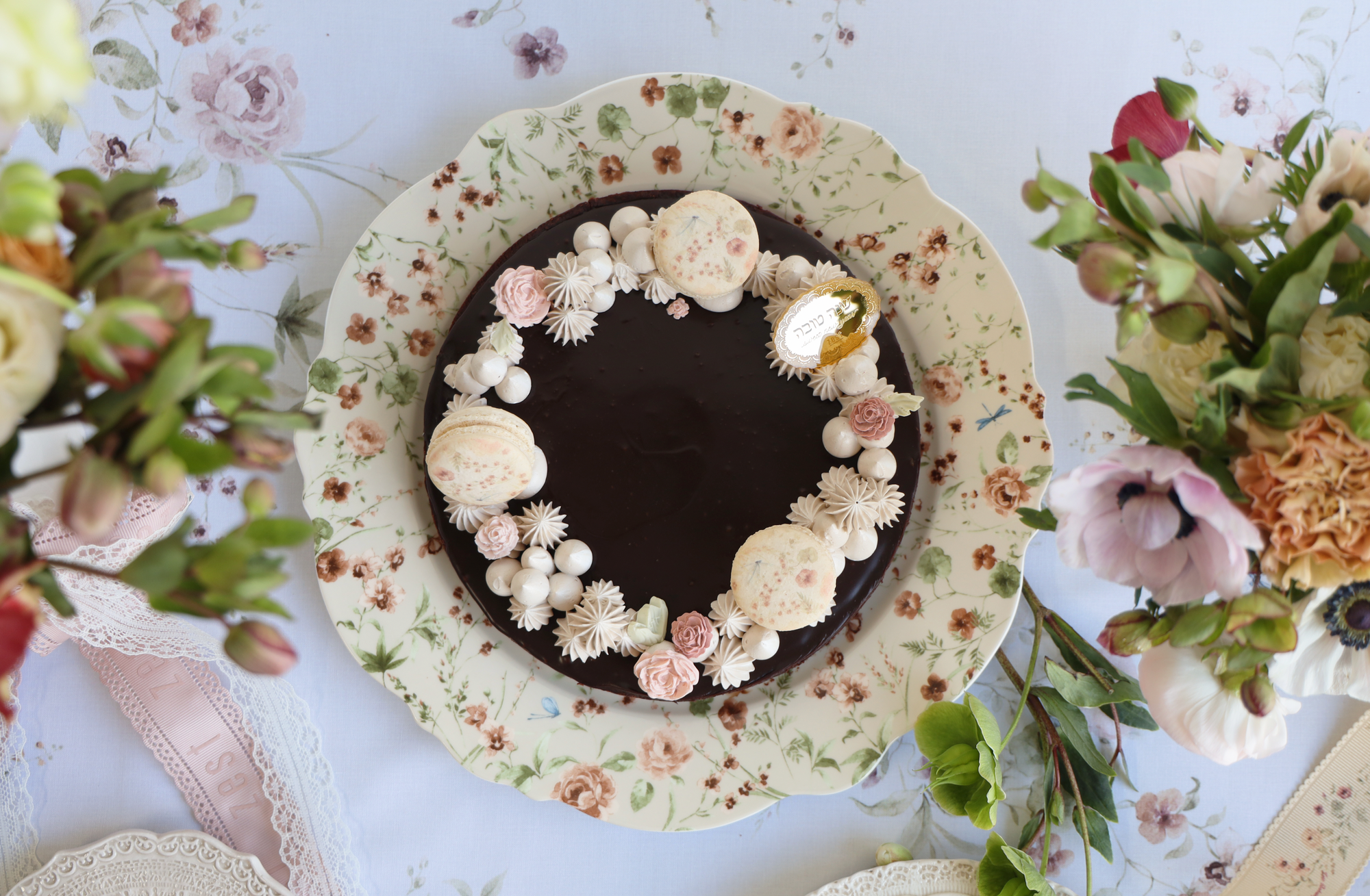French Lace Florals Shana Tova Chocolate Mousse Tart