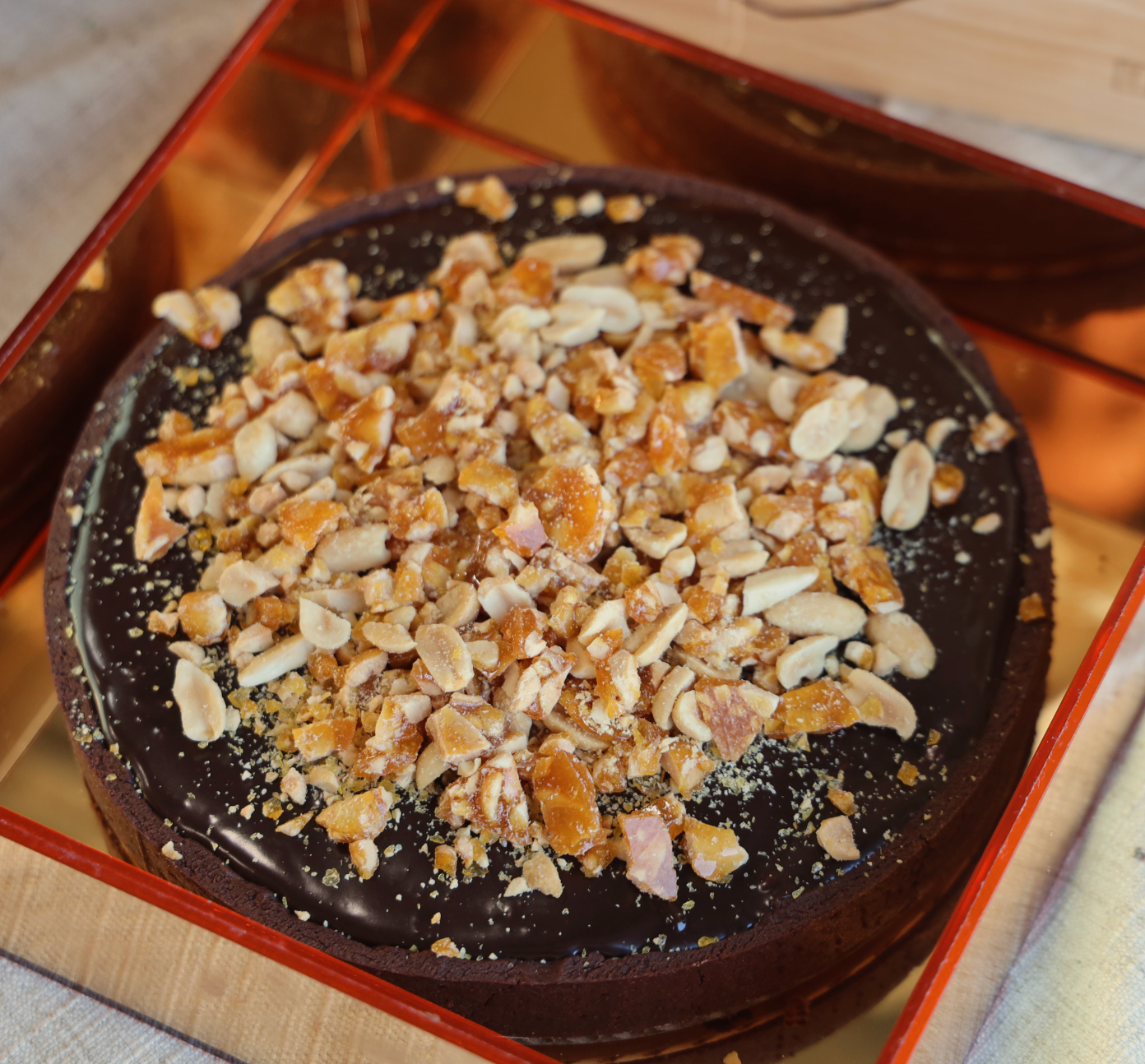 Chocolate Caramel Peanut Butter Mousse Tart in Golden Lucite Tray