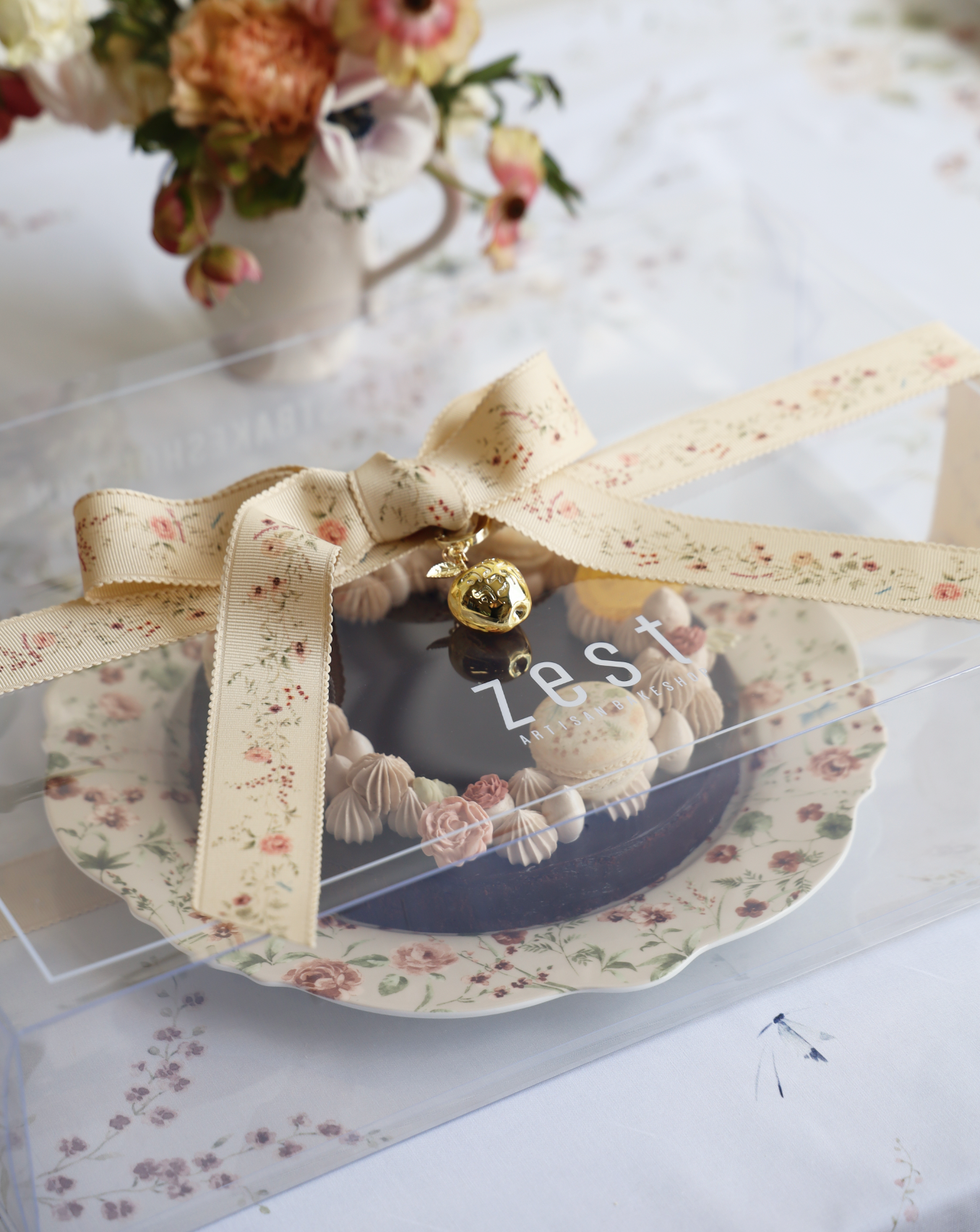 French Lace Floral Chocolate Mousse Tart on Porcelain Platter Gift Box