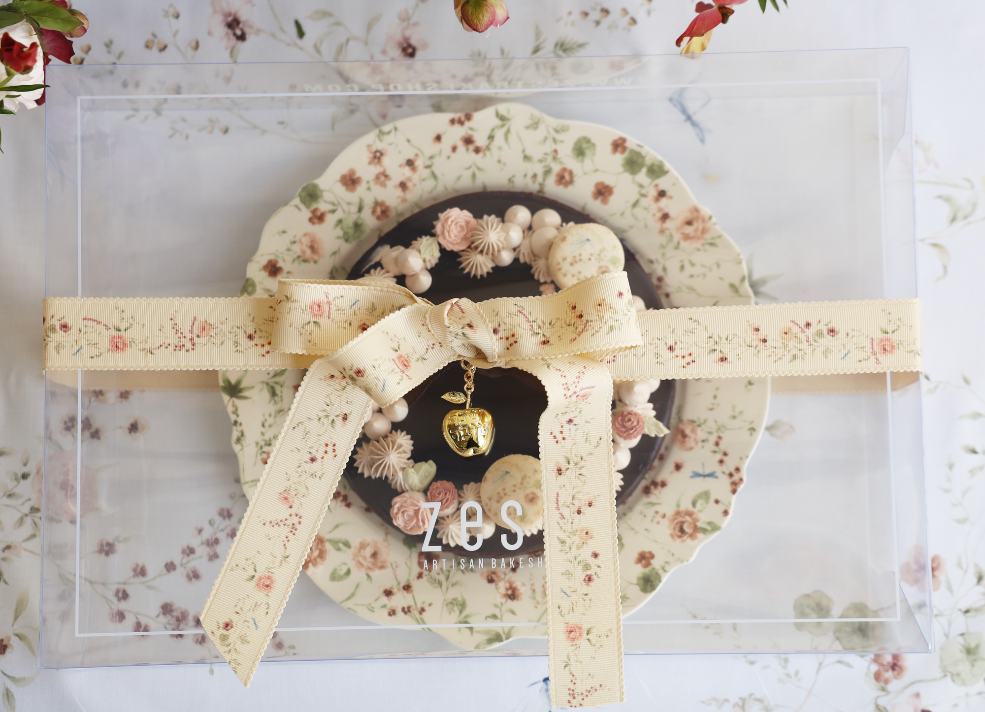 French Lace Floral Chocolate Mousse Tart on Porcelain Platter Gift Box