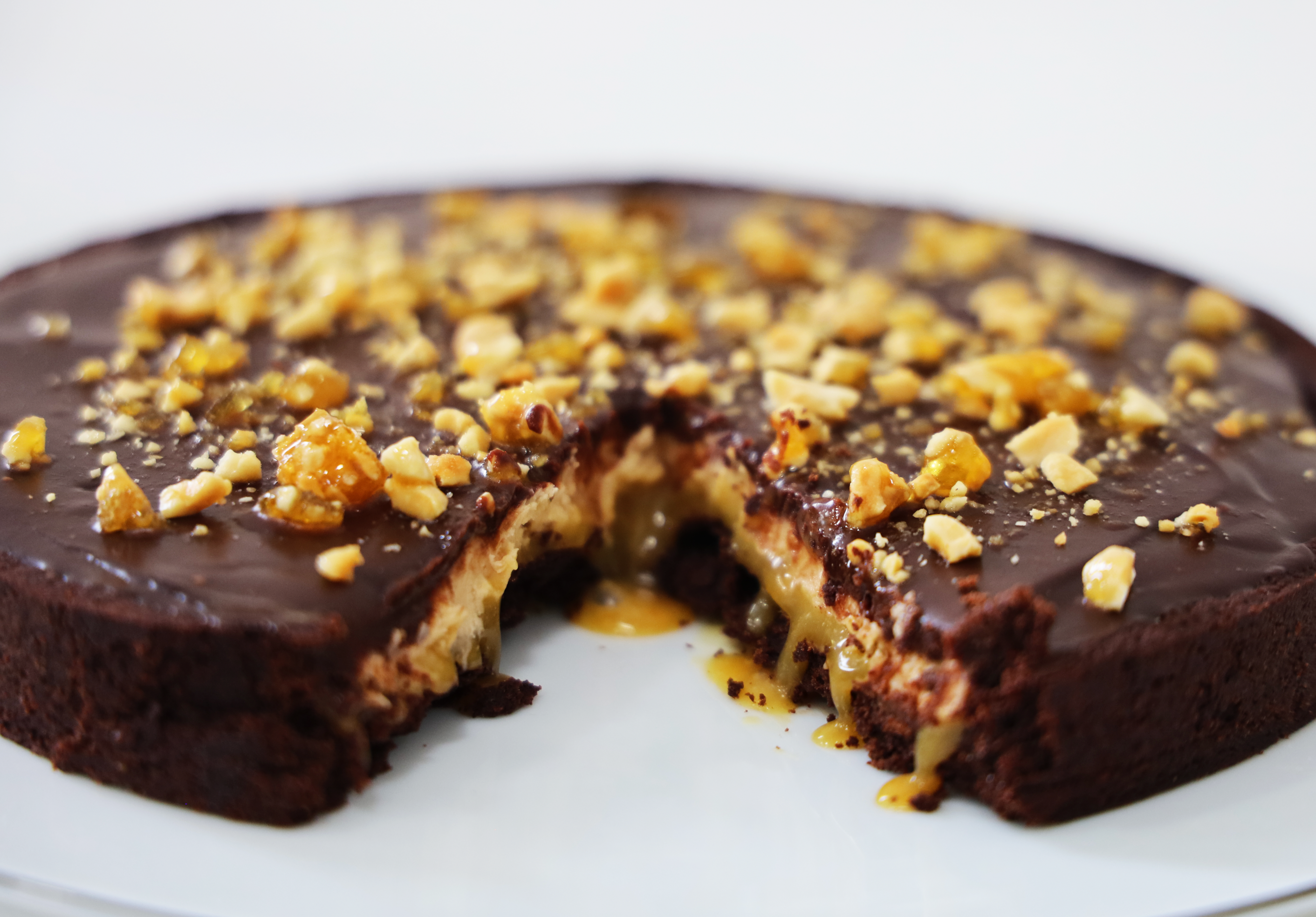 Chocolate Mousse Tart with Peanut Brittle Crunch in Lucite Tray