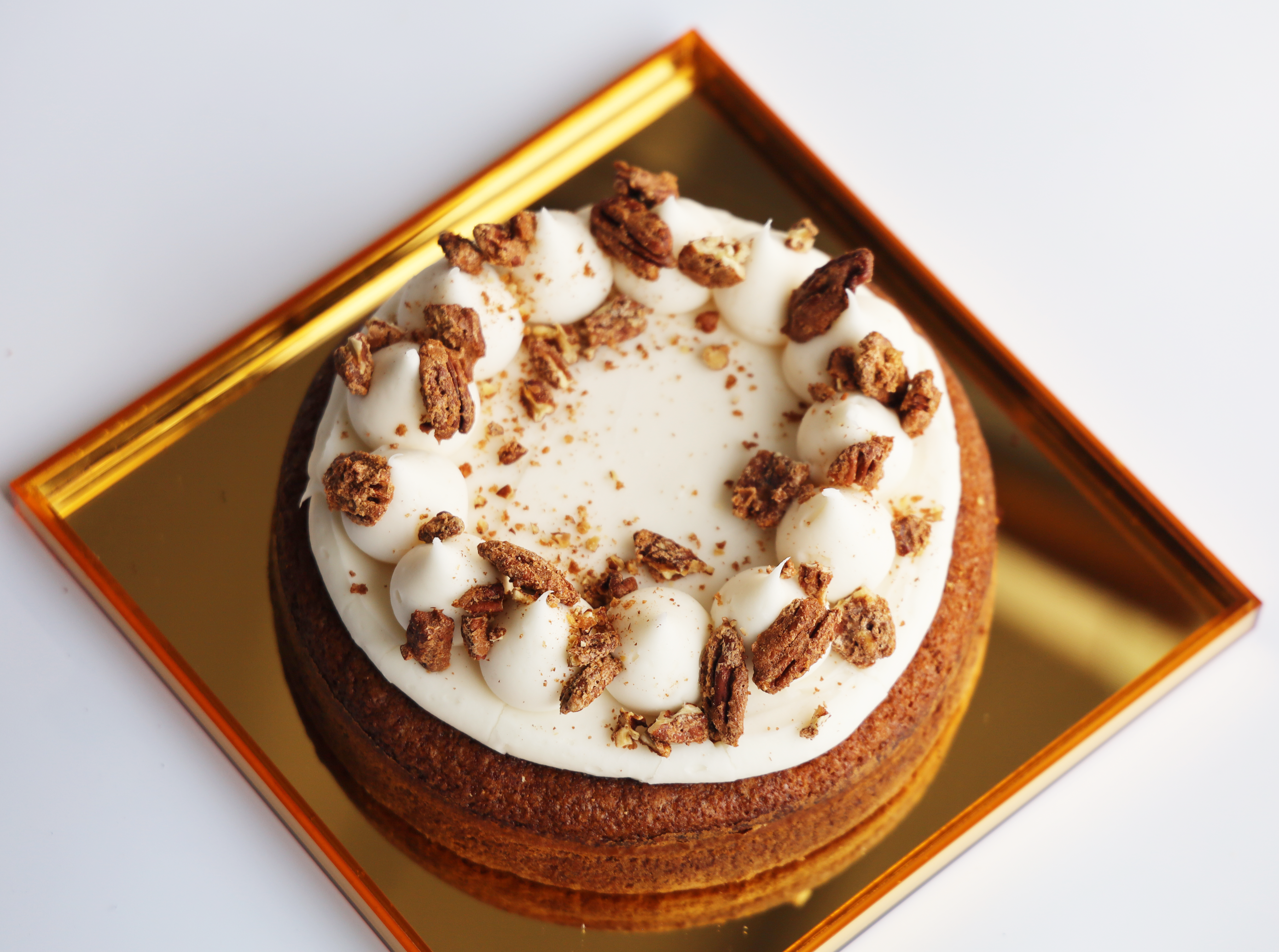 Carrot Cake in Golden Lucite Dome