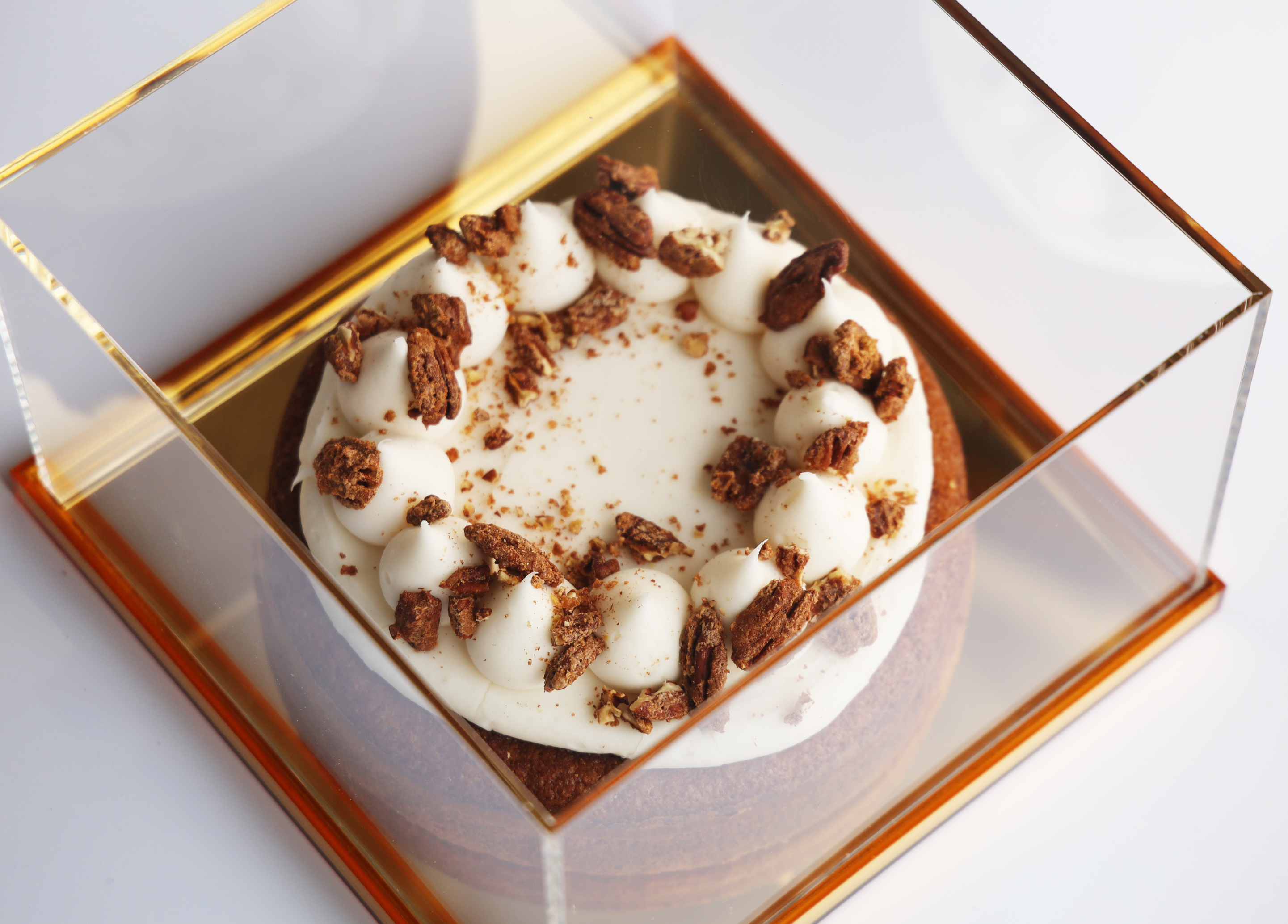 Carrot Cake in Golden Lucite Dome